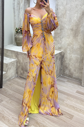 Elegante vestido de noche formal con escote en V y pliegues graduales